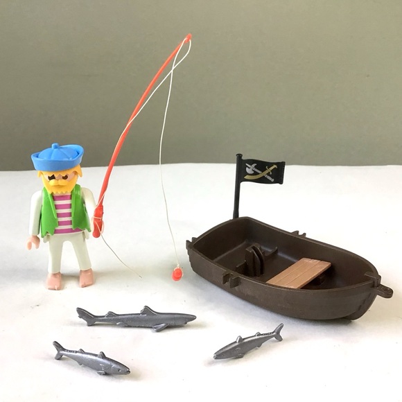 Vintage Playmobil 1996 Pirate Fisherman Figure & Boat, Flag, Fish, Fishing Pole - Picture 1 of 6
